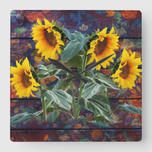 Rustic Autumn Leaves and Sunflowers Square Wall Clock