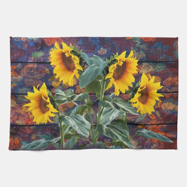 Rustic Autumn Leaves and Sunflowers Tea Towel (Horizontal)