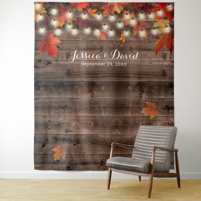 Rustic Autumn Leaves Barn Fall Wedding Backdrops Tapestry (In Situ)