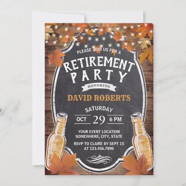 Rustic Autumn Leaves Beer Retirement Party Invitation (Front)