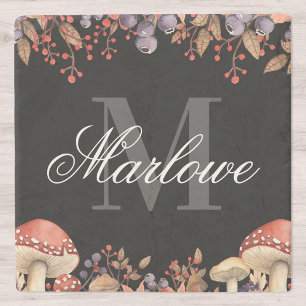 Rustic Autumn Leaves Black White Monogram Stone Coaster
