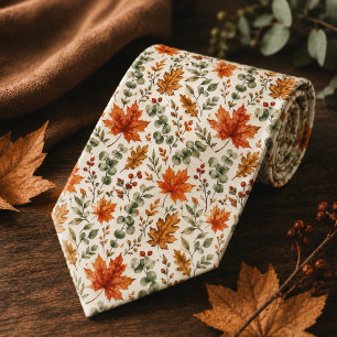 Rustic Autumn Leaves Cream Fall Botanical Wedding Tie