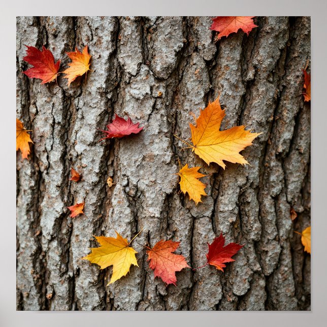 Rustic Autumn Leaves Fall Colors Tree Bark Poster (Front)