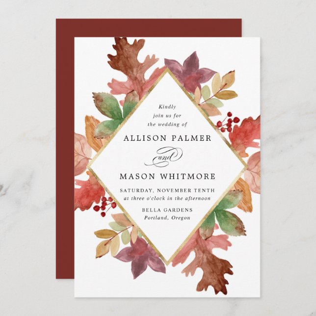 Rustic Autumn Leaves Fall Wedding Invitation (Front/Back)