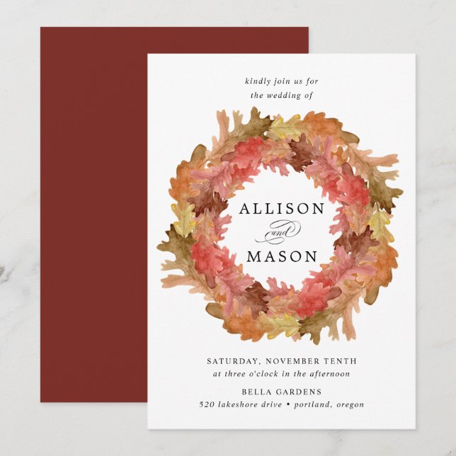 Rustic Autumn Leaves Fall Wreath Wedding Invitation (Front/Back)