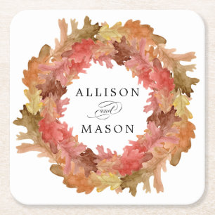Rustic Autumn Leaves Fall Wreath Wedding Square Paper Coaster