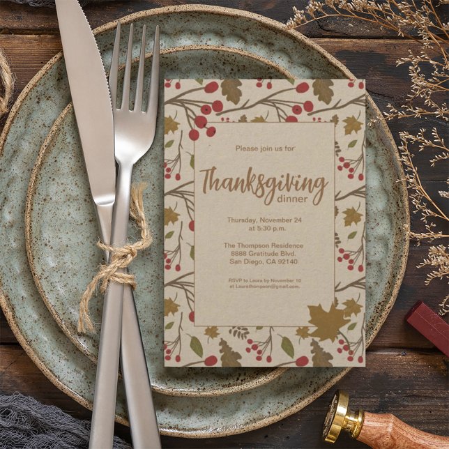 Rustic Autumn leaves foliage Thanksgiving Dinner Invitation (Rustic Thanksgiving dinner party autumn foliage invitation)
