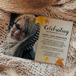 Rustic Autumn Leaves Funeral Celebration of Life Invitation
