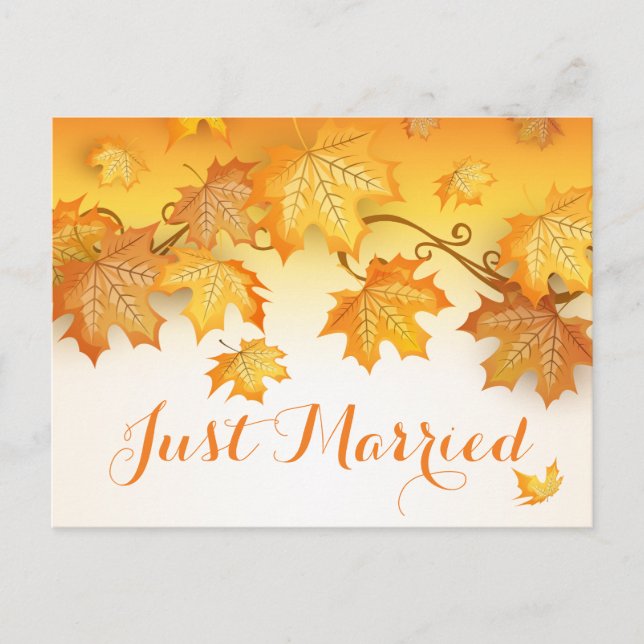 Rustic Autumn Leaves Just Married Orange Wedding Announcement Postcard (Front)