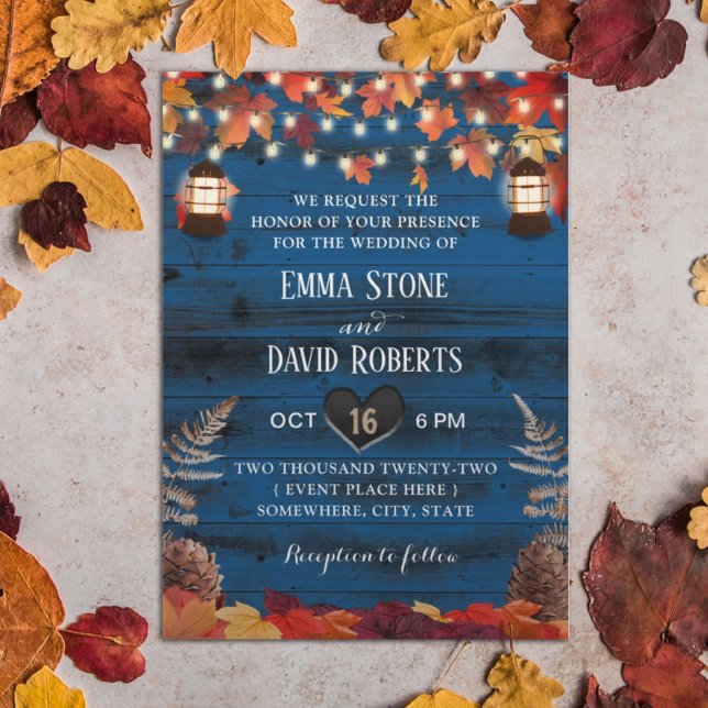 Rustic Autumn Leaves Lantern Navy Barn Wedding Invitation (Creator Uploaded)