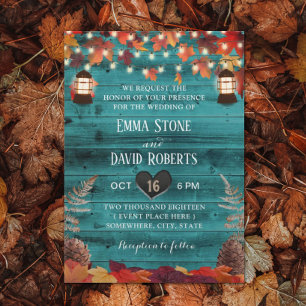 Rustic Autumn Leaves Lantern Teal Barn Wedding Invitation
