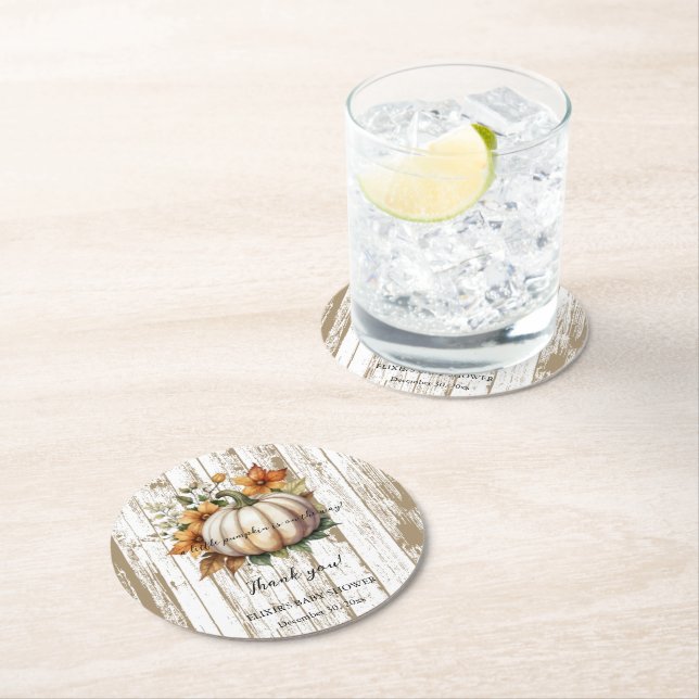 Rustic Autumn Leaves Little Pumpkin Baby Shower Round Paper Coaster (Insitu)