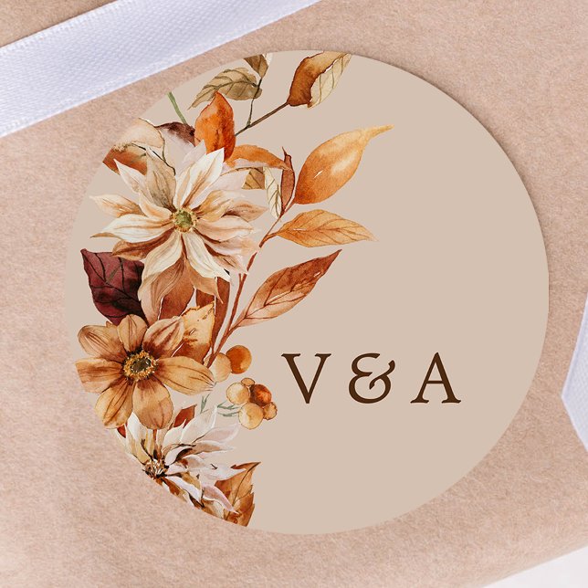 Rustic Autumn Leaves Monogrammed Sticker (Rustic Autumn Leaves Monogrammed Round Sticker
by Painted Paperie)