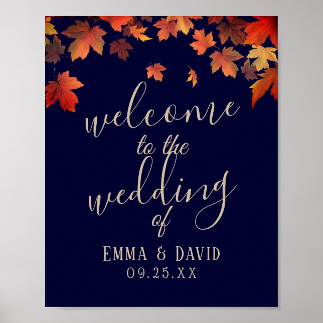 Rustic Autumn Leaves Navy Wedding Welcome Sign (Front)