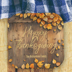 Rustic Autumn Leaves on Wood Thanksgiving Paper Plate