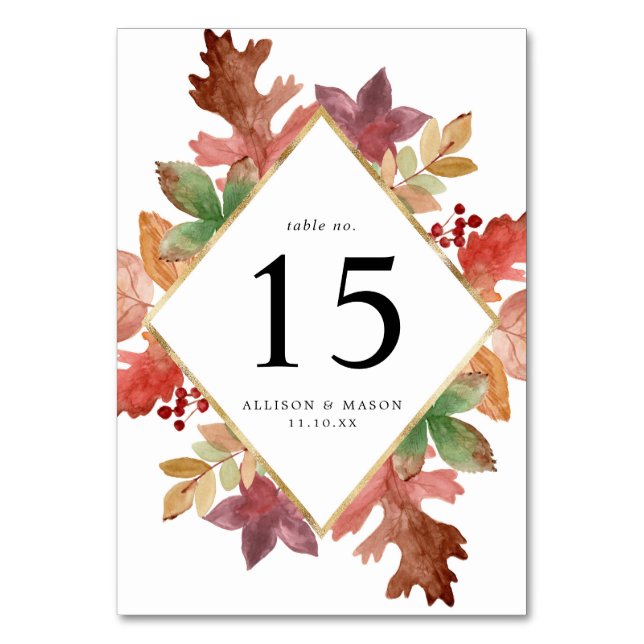 Rustic Autumn Leaves Personalised Wedding Table Number (Front)