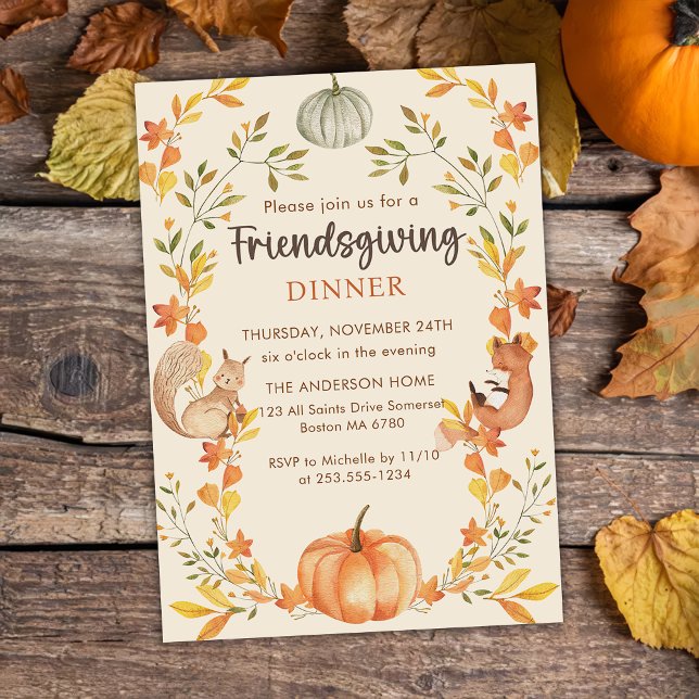 Rustic Autumn Leaves Pumpkin Friendsgiving Dinner  Invitation (Creator Uploaded)
