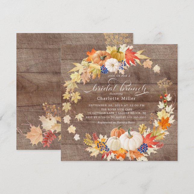 Rustic Autumn Leaves Pumpkins Bridal Shower Brunch Invitation (Front/Back)