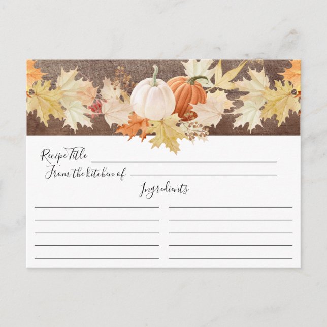 Rustic Autumn Leaves Pumpkins Floral Recipe Card (Front)