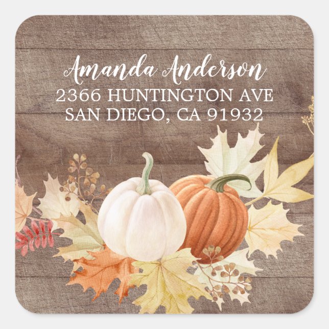 Rustic autumn Leaves Pumpkins Return Address Square Sticker (Front)