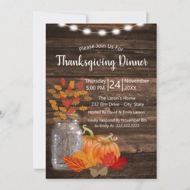 Rustic Autumn Leaves & Pumpkins Thanksgiving Invitation (Front)