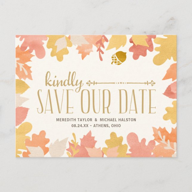 Rustic Autumn Leaves Save the Date Announcement Postcard (Front)