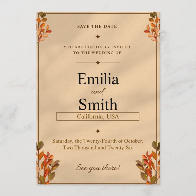 Rustic Autumn Leaves Save the Date Card 5x7  (Front)