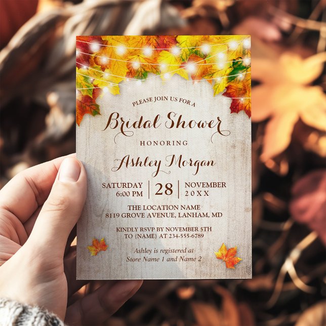 Rustic Autumn Leaves String Lights Bridal Shower Invitation (Creator Uploaded)