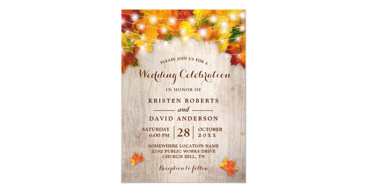 Rustic Autumn Leaves String Lights Fall Wedding Invitation Zazzle Co Uk