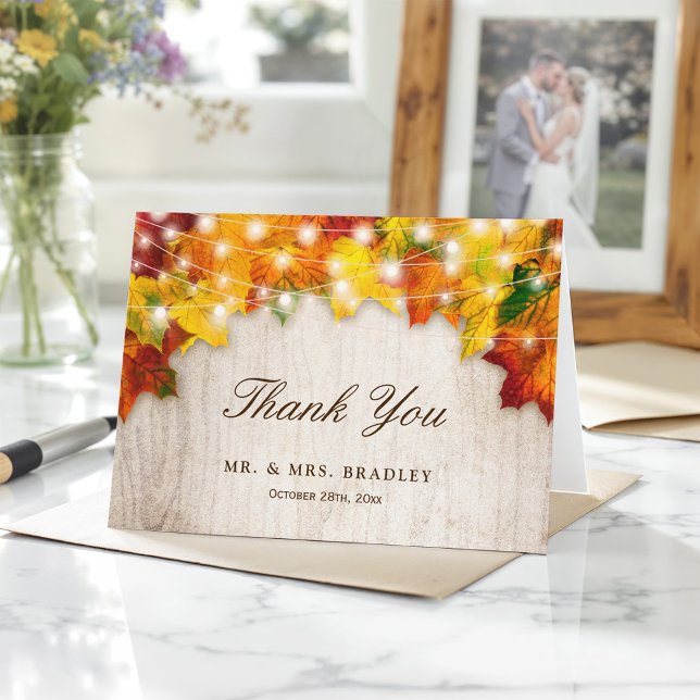 Rustic Autumn Leaves String Lights Thank You Card (Creator Uploaded)