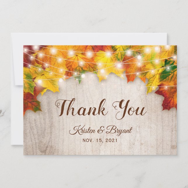 Rustic Autumn Leaves String Lights Thank You Card (Front)