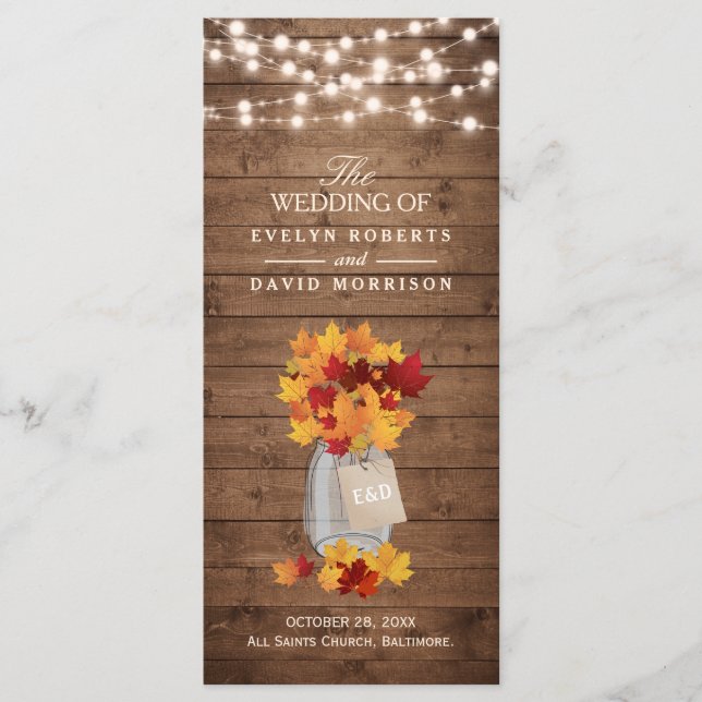 Rustic Autumn Leaves String Lights Wedding Program Programme (Front)