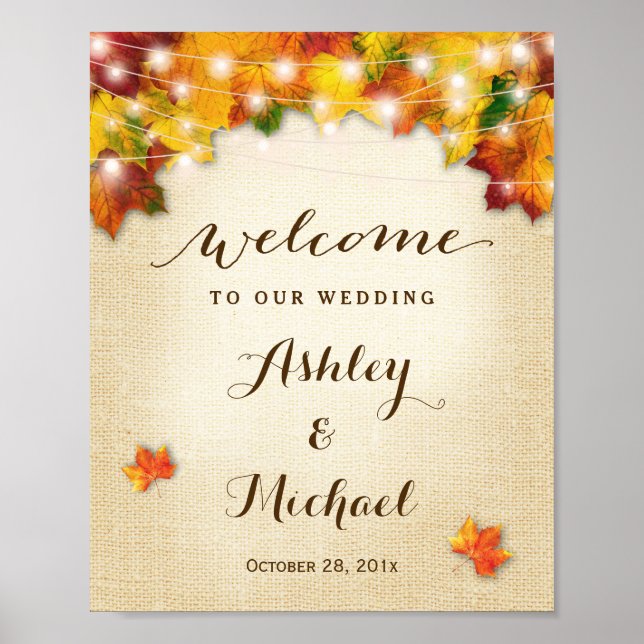 Rustic Autumn Leaves String Lights Wedding Sign (Front)
