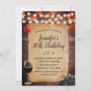 Rustic Autumn Leaves String Lights Wine Birthday Invitation