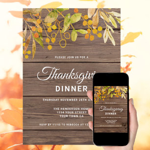 Rustic Autumn Leaves Thanksgiving Dinner Invitation