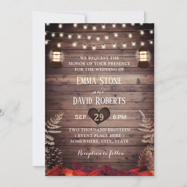 Rustic Autumn Leaves Vintage Lantern Fall Wedding Invitation (Front)