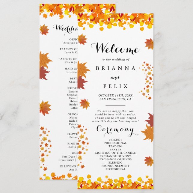 Rustic Autumn Leaves Wedding Programme (Front/Back)