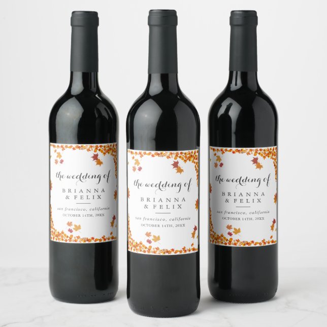 Rustic Autumn Leaves Wedding Wine Label (Bottles)