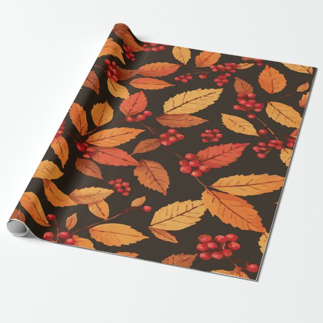 Rustic Autumn Leaves with Red Berries Pattern Wrapping Paper (Unrolled)