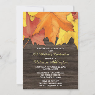 Rustic Autumn Leaves Wood Birthday Invitations