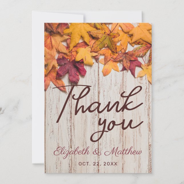 Rustic Autumn Leaves Wood Thank You Card (Front)