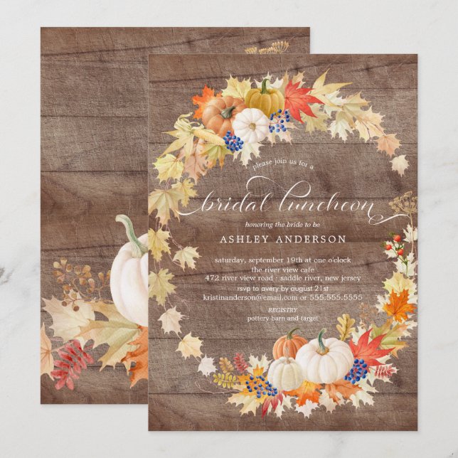 Rustic Autumn Leaves Wreath Bridal Shower Luncheon Invitation (Front/Back)