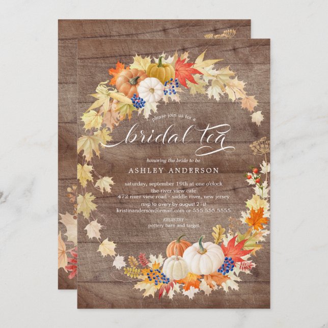 Rustic Autumn Leaves Wreath Bridal Shower Tea Invitation (Front/Back)