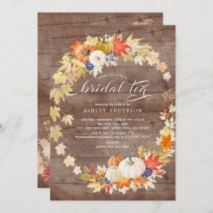 Rustic Autumn Leaves Wreath Bridal Shower Tea Invitation