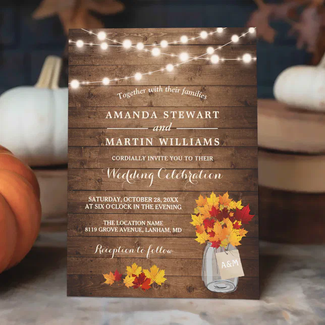 Rustic Autumn Maple Leaves String Lights Wedding Invitation | Zazzle