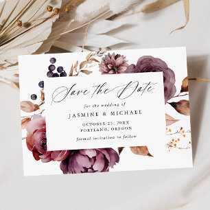 Rustic Autumn Marsala Floral Calligraphy Wedding Save The Date