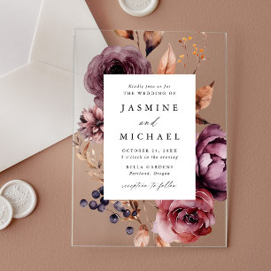 Rustic Autumn Marsala Floral Frame Wedding Acrylic Invitations