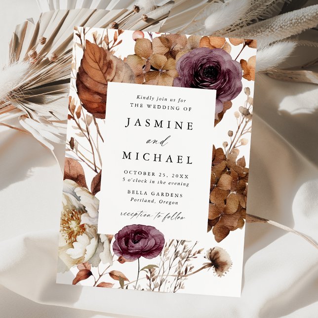 Rustic Autumn Marsala Floral Frame Wedding Invitation (Creator Uploaded)