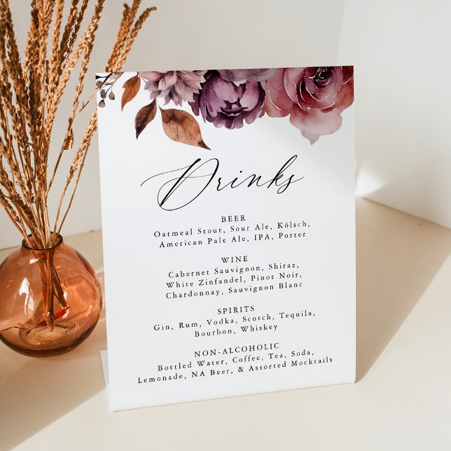 Rustic Autumn Marsala Floral Wedding Drink Menu Pedestal Sign (Creator Uploaded)