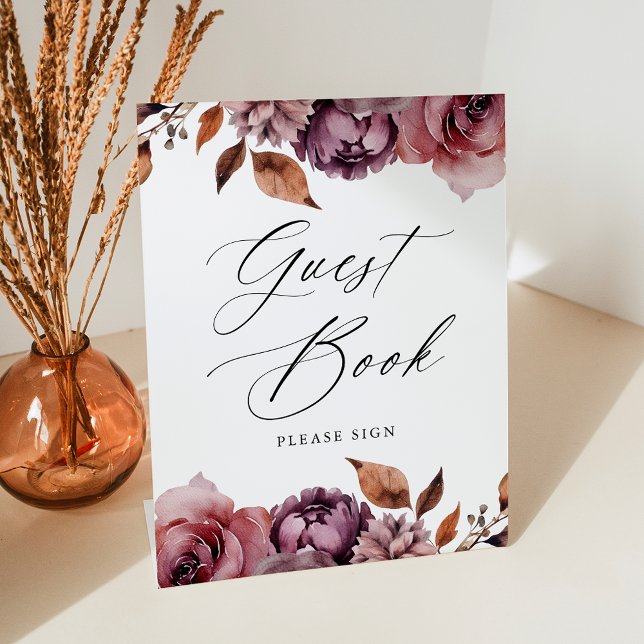 Rustic Autumn Marsala Floral Wedding Guest Book Pedestal Sign (Creator Uploaded)